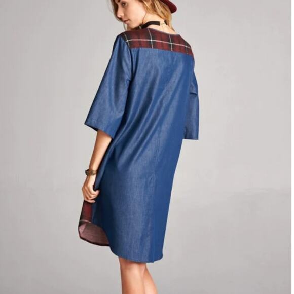 Plaid and Chambray Half Sleeve Grommet Placket Shirt Tail Hem Boho Tunic Dress - Picture 4 of 12